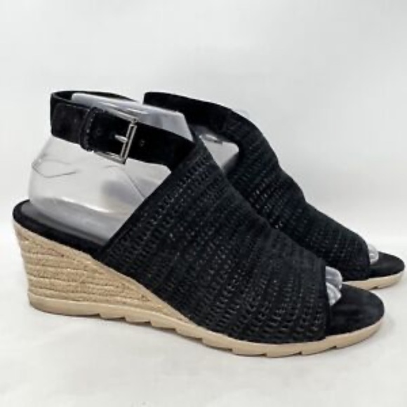 Eileen Fisher Winnie Black Leather Espadrille Wedge Sandal US 8 - Picture 1 of 12